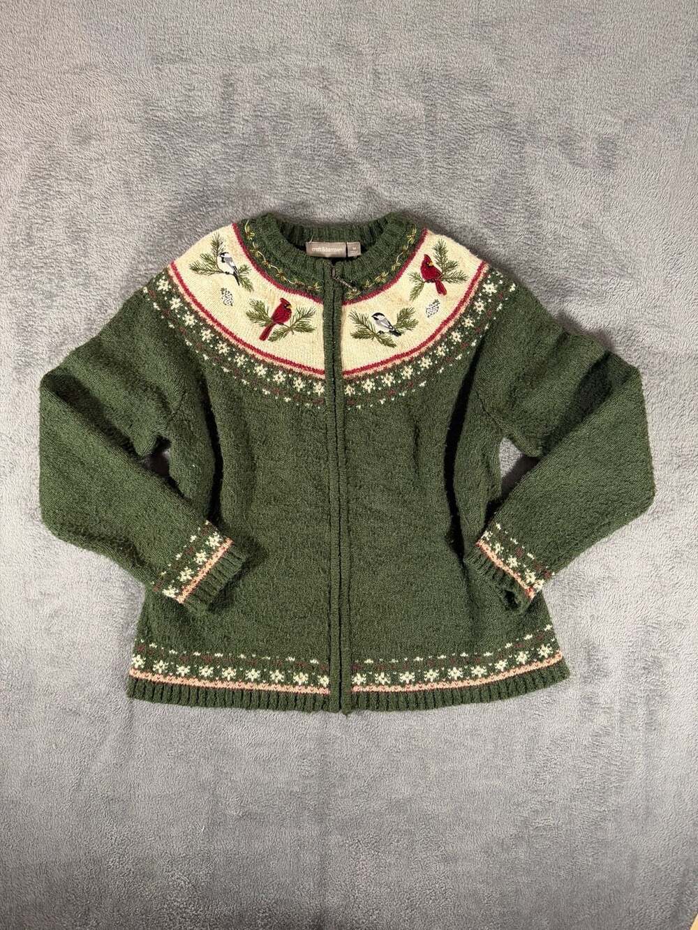 Croft & Barrow Bird Embroidered Zip Cardigan Size M Green